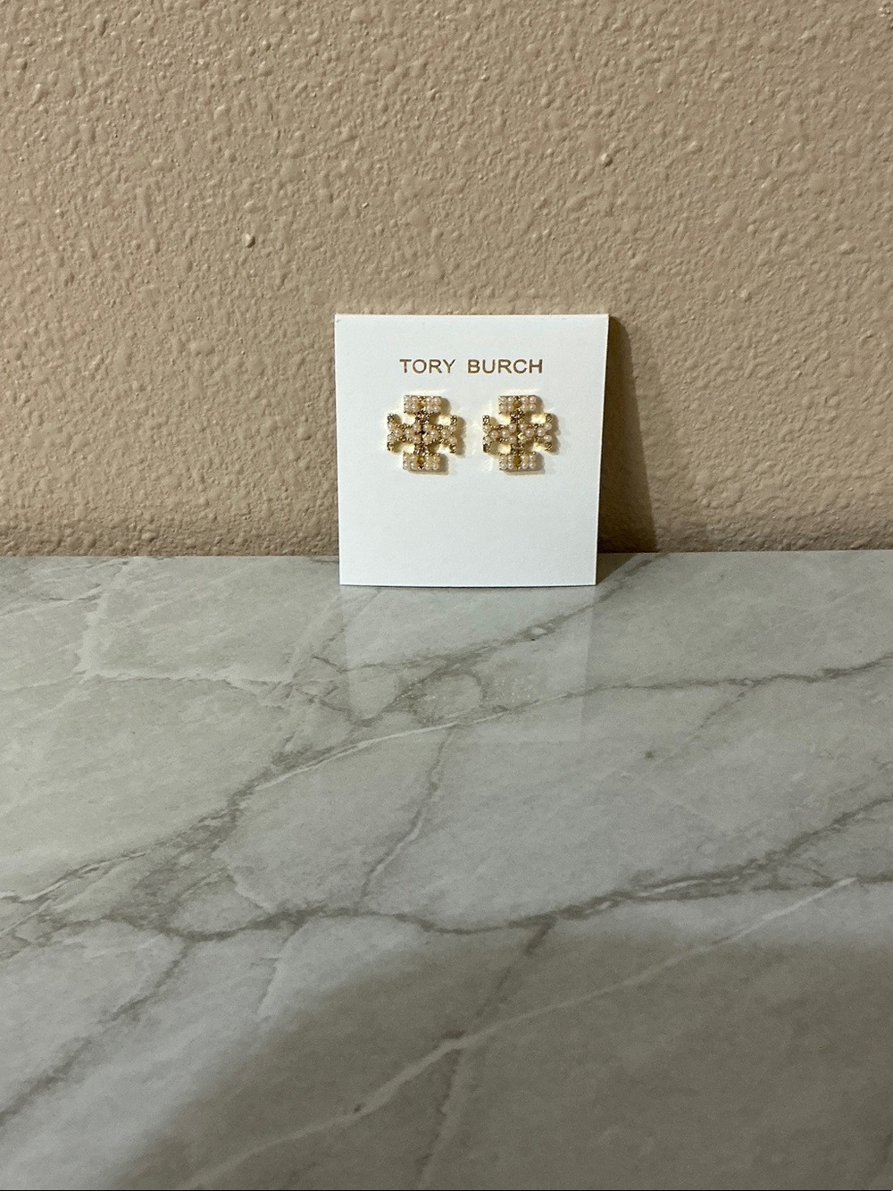 Tory Burch Gold Crystal Logo Stud Earrings